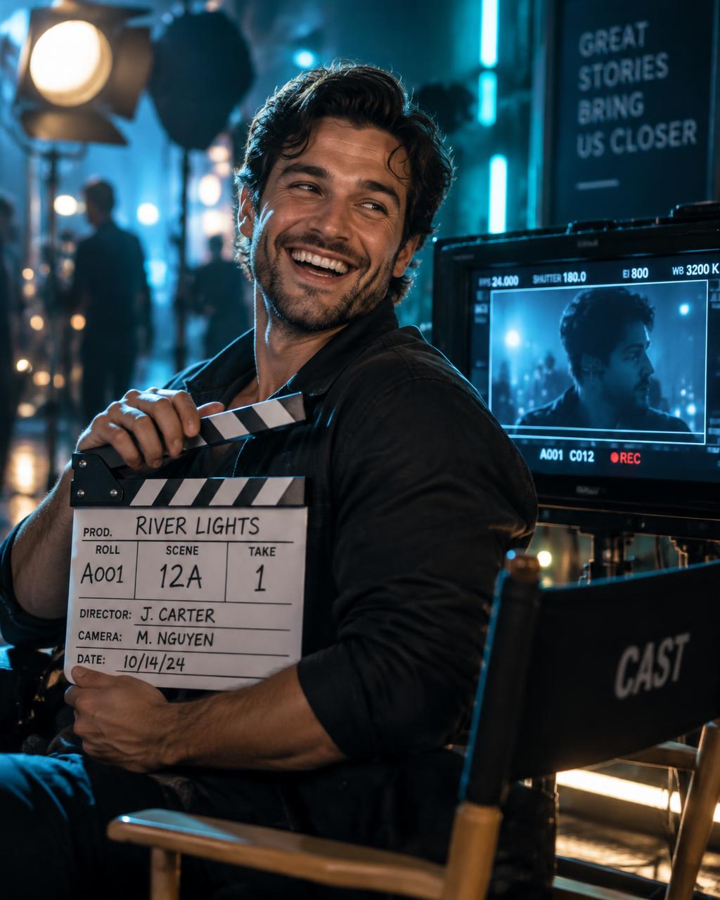 An actor laughing in front of a glowing director's monitor