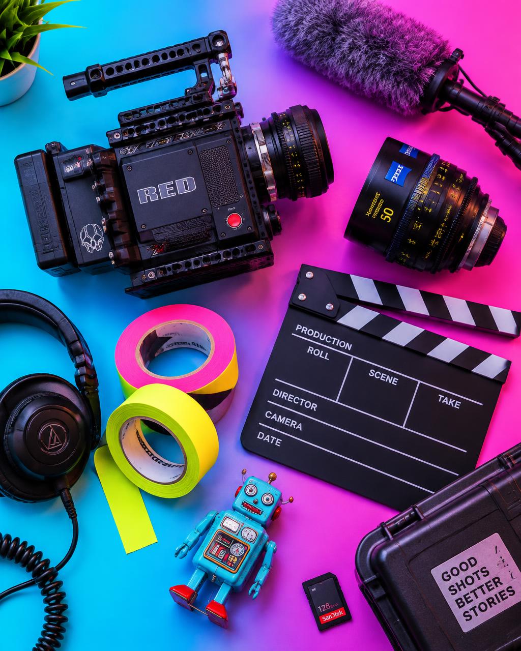 A playful colorful flat-lay of film gear on a neon gradient backdrop