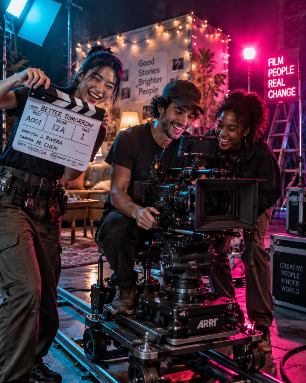 A laughing film crew shooting a scene under glowing neon set lights